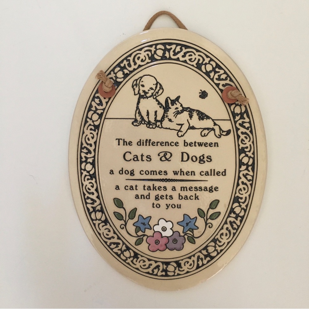 Trinity Pottery Decorative Oval Cat and Dog Plaque Humor Handcrafted with Pride